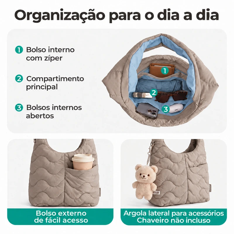 Bolsa Tote Bags Mart camel — bolsos internos, bolso externo e argola lateral; chaveiro não incluso