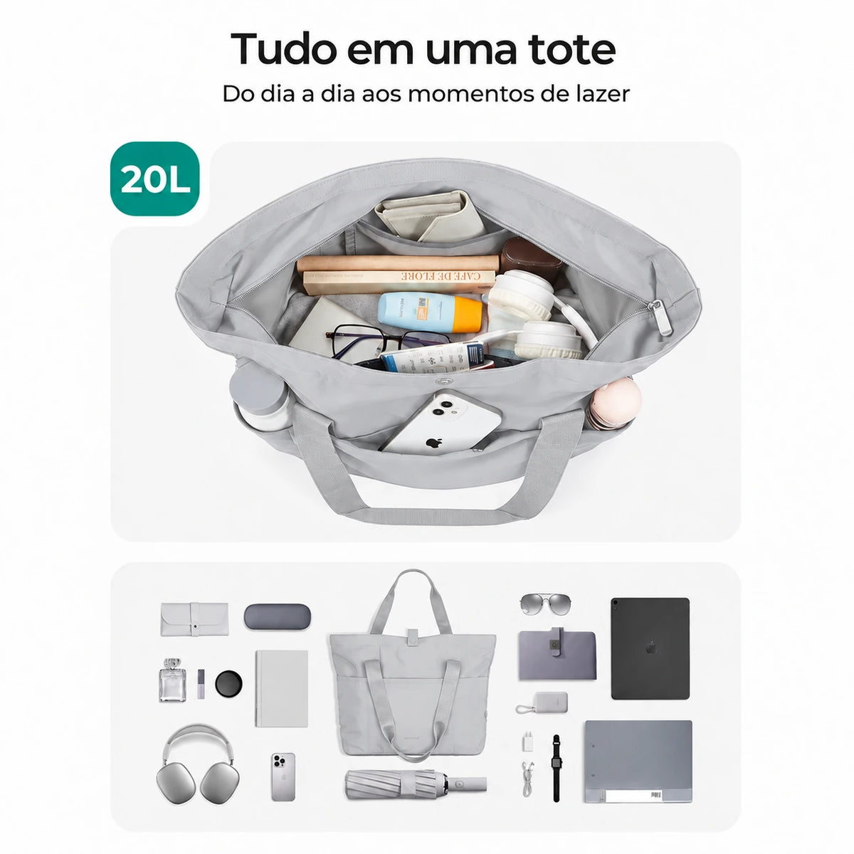 Bolsa Tote Dobrável Bags Mart Cor Cinza — interior e organização