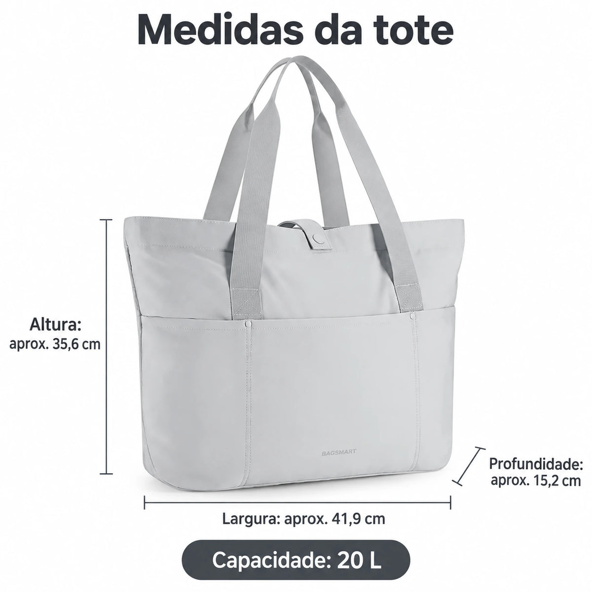 Bolsa Tote Dobrável Bags Mart Cor Cinza — dimensões em centímetros