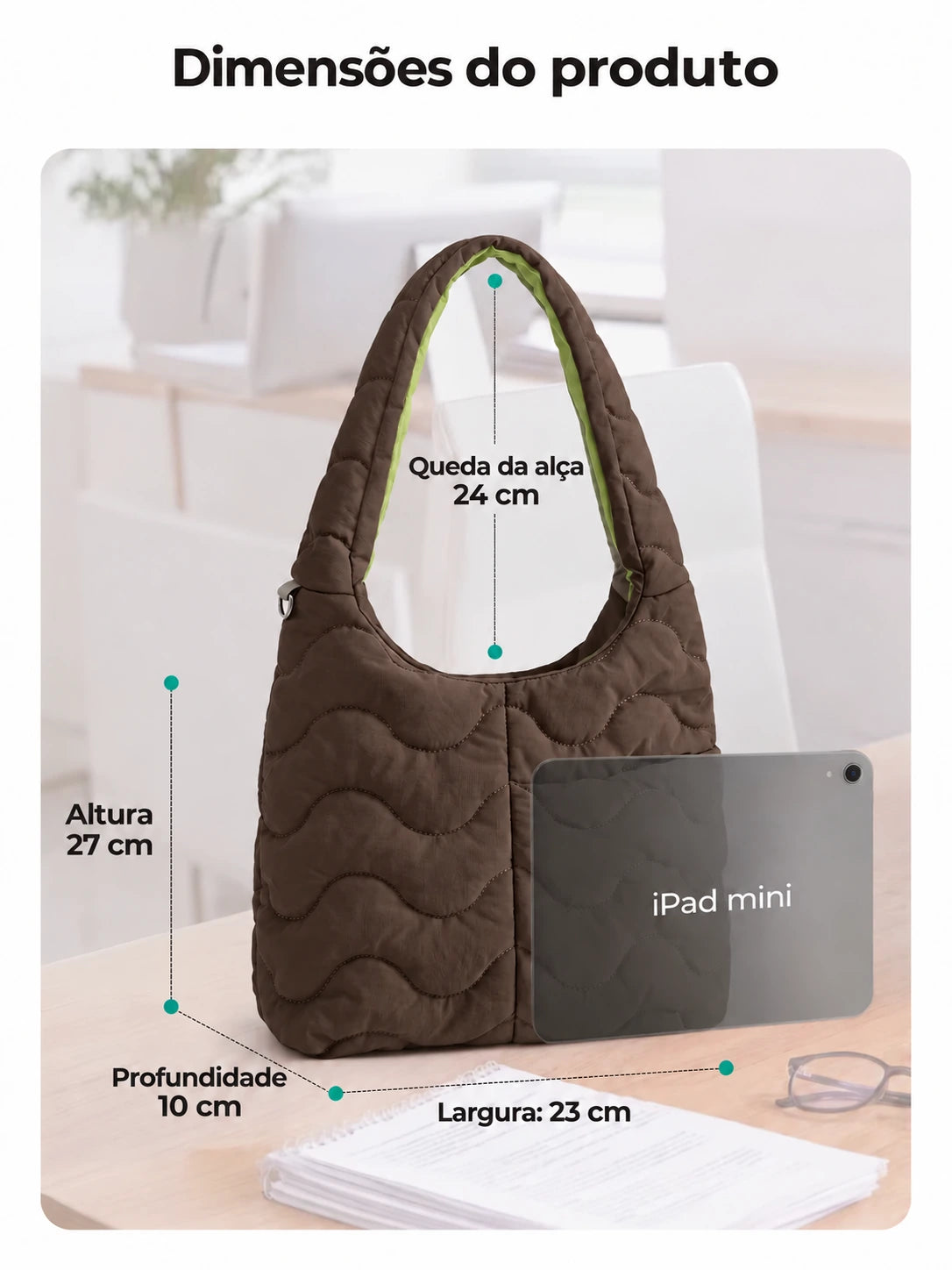Bolsa Tote Feminina Acolchoada Bags Mart Cor Marrom — dimensões em centímetros e queda da alça