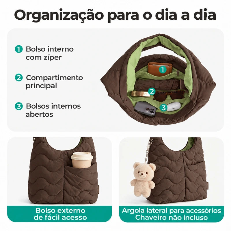 Bolsa Tote Bags Mart marrom — bolsos internos, bolso externo e argola lateral; chaveiro não incluso
