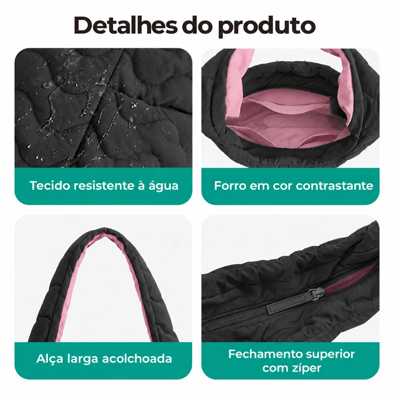 Bolsa Tote Bags Mart preto — tecido resistente à água, forro rosa, alça e zíper