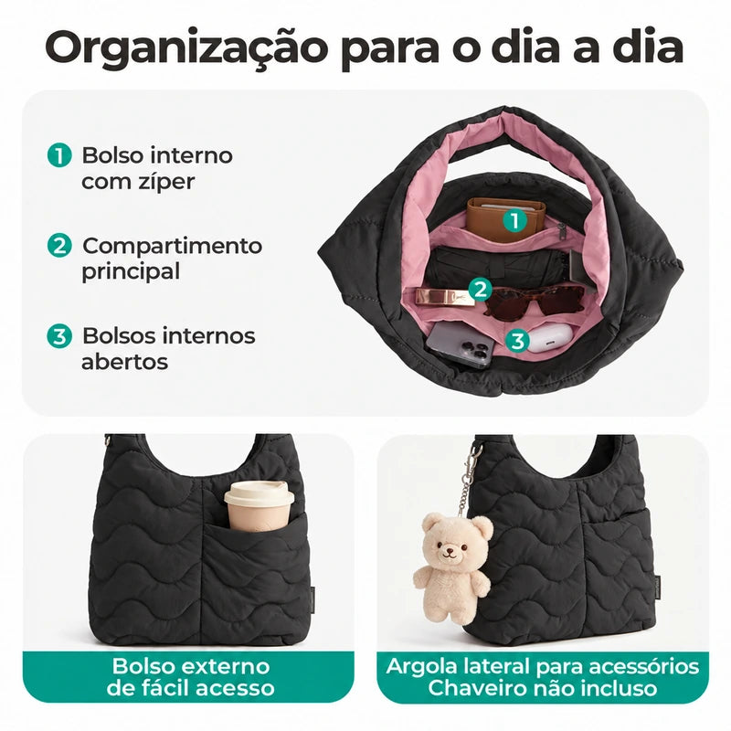 Bolsa Tote Bags Mart preto — bolsos internos, bolso externo e argola lateral; chaveiro não incluso