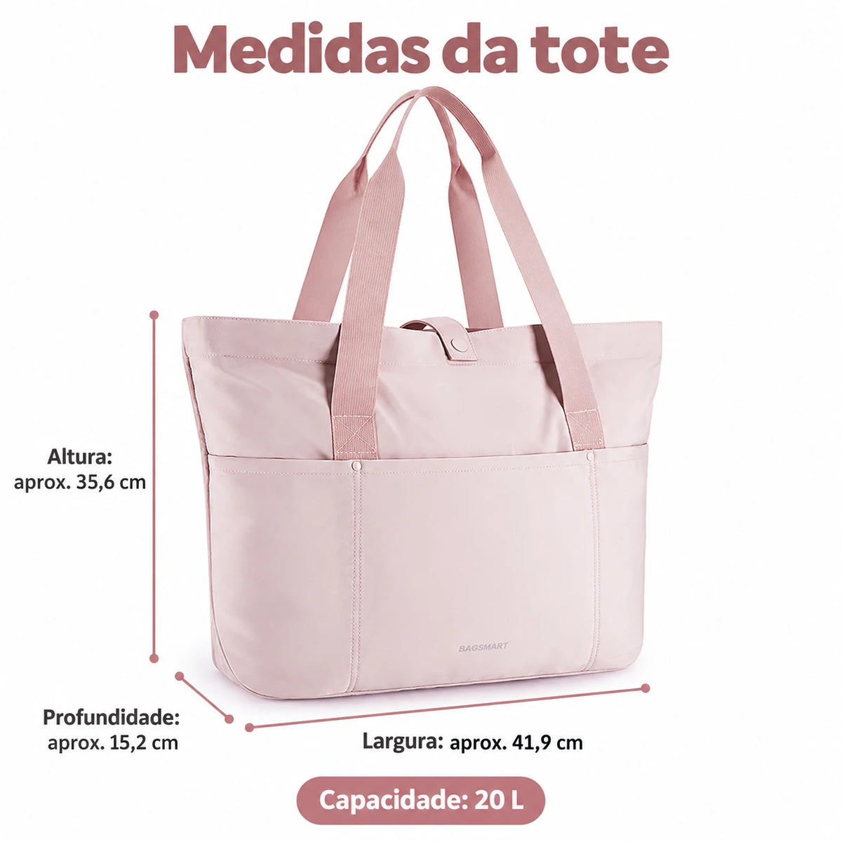 Bolsa Tote Dobrável Bags Mart Cor Rosa — dimensões em centímetros
