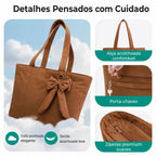 Bolsa Tote Feminina com Laço Grande Capacidade Bags Mart Cor Marrom — Alças, zíperes e acabamento