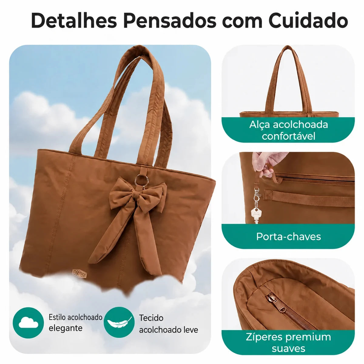 Bolsa Tote Feminina com Laço Grande Capacidade Bags Mart Cor Marrom — Alças, zíperes e acabamento