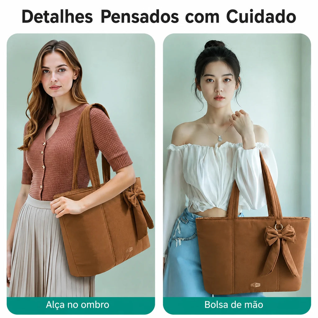 Bolsa Tote Feminina com Laço Grande Capacidade Bags Mart Cor Marrom — Uso no ombro e na mão
