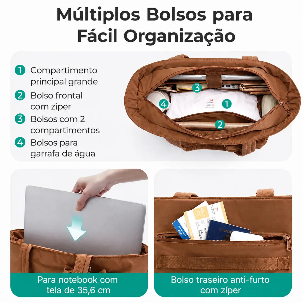 Bolsa Tote Feminina com Laço Grande Capacidade Bags Mart Cor Marrom — Interior e organização dos bolsos