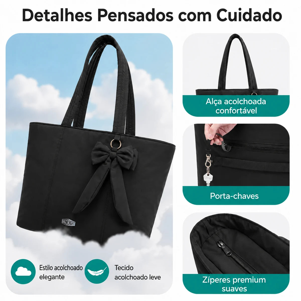 Bolsa Tote Feminina com Laço Grande Capacidade Bags Mart Cor Preto — Alças, zíperes e acabamento