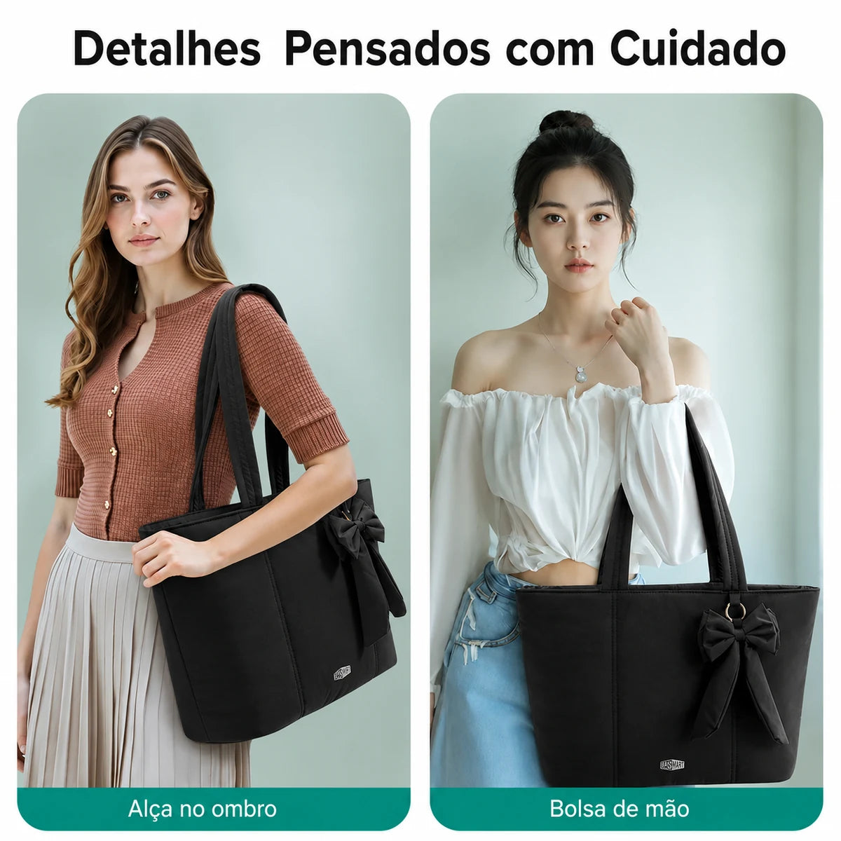 Bolsa Tote Feminina com Laço Grande Capacidade Bags Mart Cor Preto — Uso no ombro e na mão