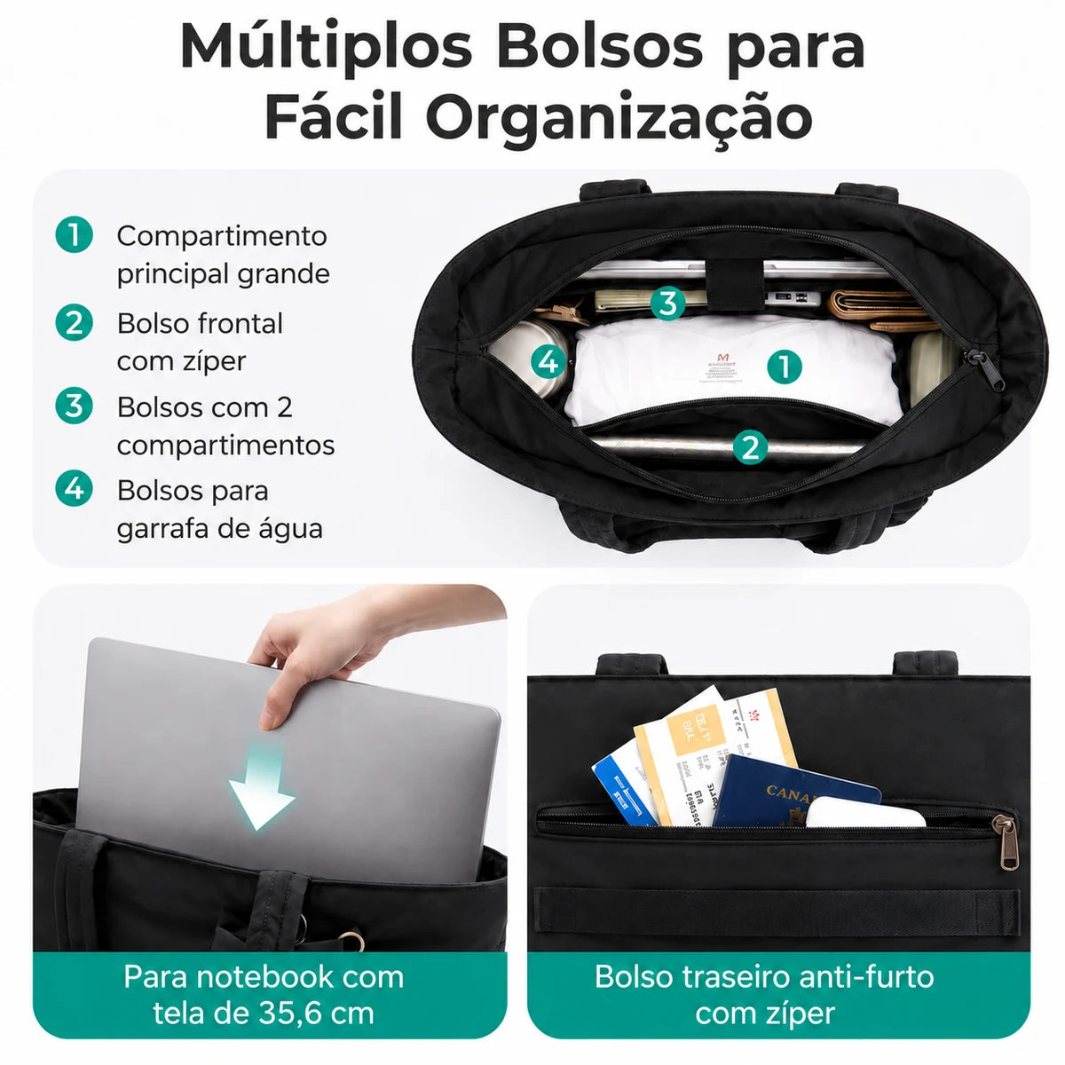 Bolsa Tote Feminina com Laço Grande Capacidade Bags Mart Cor Preto — Interior e organização dos bolsos