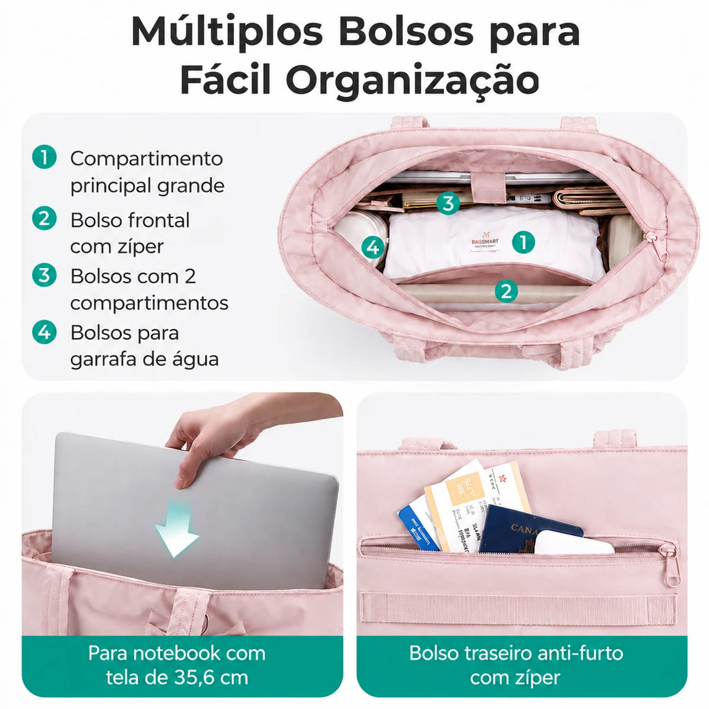 Bolsa Tote Feminina com Laço Grande Capacidade Bags Mart Cor Rosa — Interior e organização dos bolsos