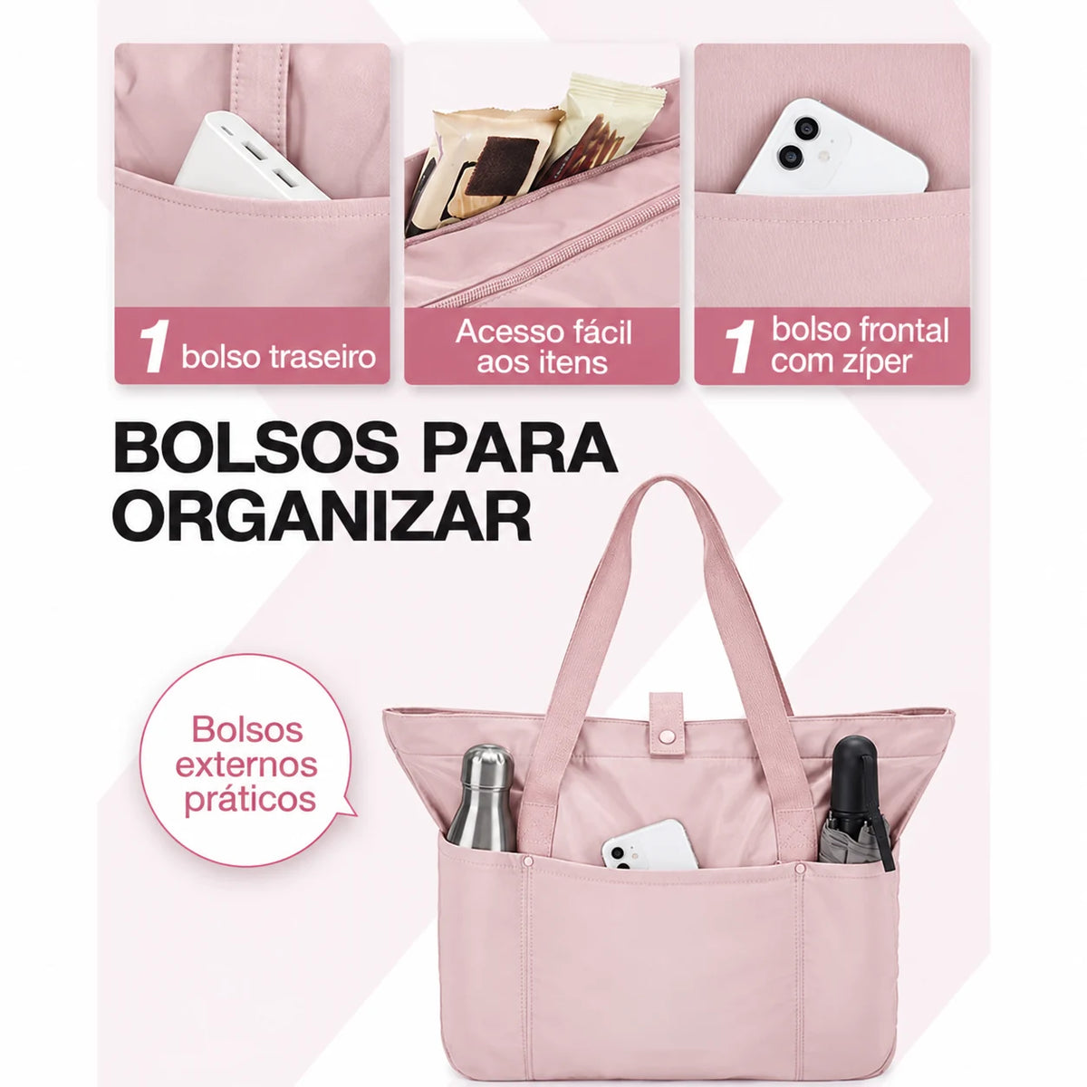 Bolsa Tote Dobrável Bags Mart Cor Rosa — bolsos e compartimentos