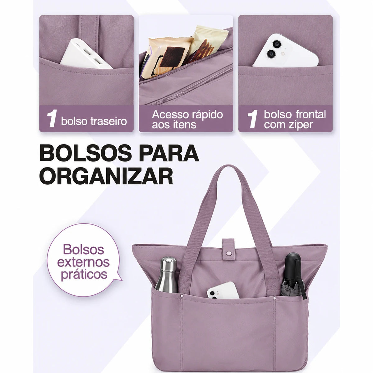 Bolsa Tote Dobrável Grande com Alça de Mão Bags Mart Cor Roxo — bolsos e compartimentos