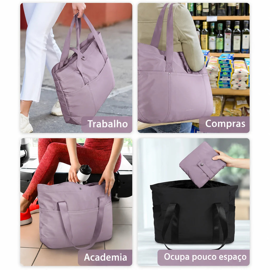 Bolsa Tote Dobrável Grande com Alça de Mão Bags Mart Cor Roxo — produto em uso