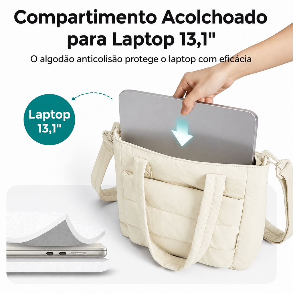 Bolsa Tote Feminina Acolchoada Bags Mart Cor Bege - Compartimento Laptop 13.1