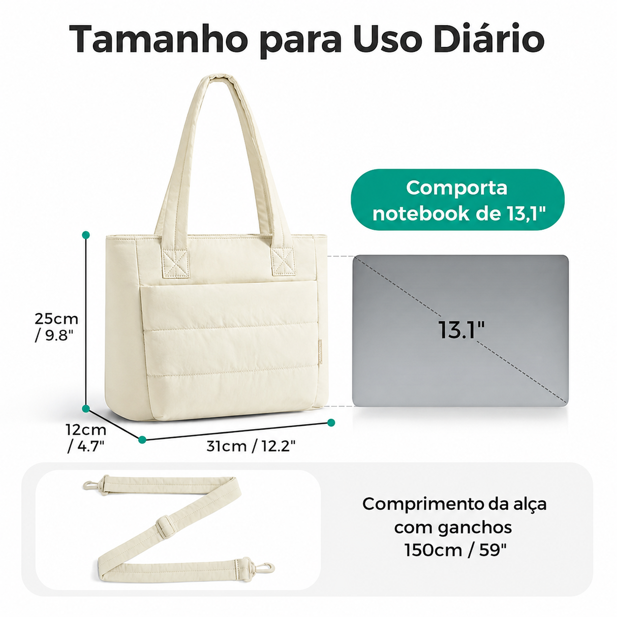 Bolsa Tote Feminina Acolchoada Bags Mart Cor Bege - Tamanho Uso Diario