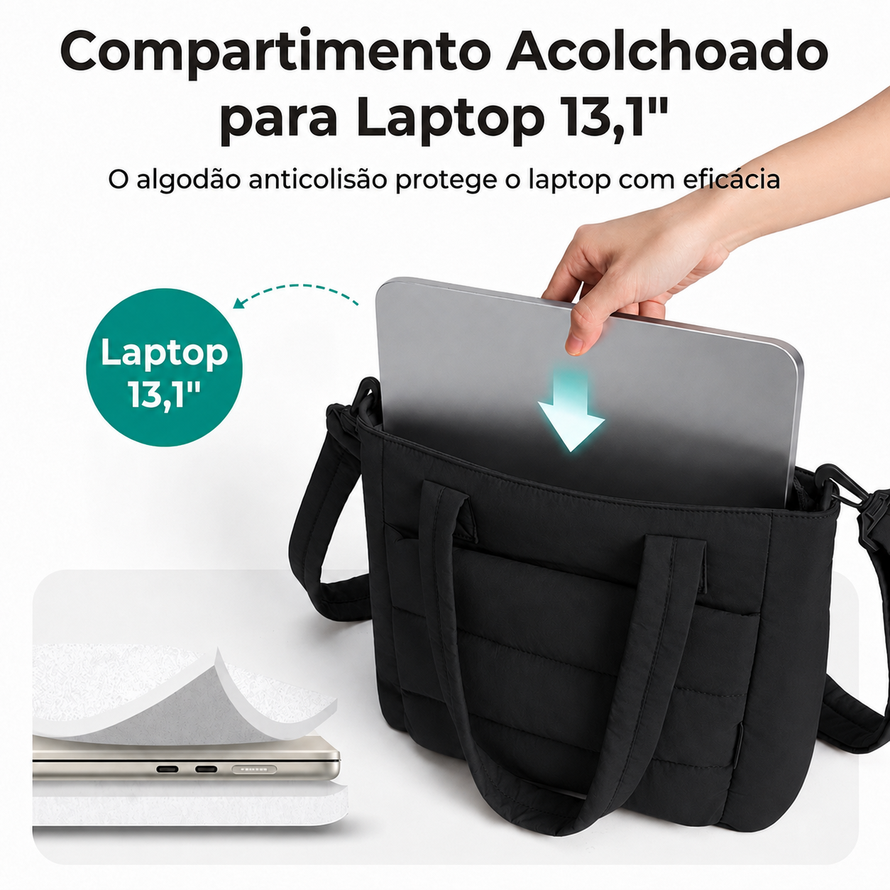 Bolsa Tote Feminina Acolchoada Bags Mart Cor Preto - Compartimento Laptop 13.1