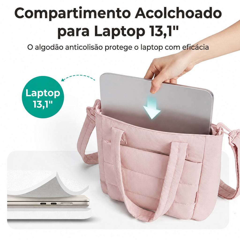 Bolsa Tote Bags Mart Feminina Rosa - compartimento acolchoado para laptop