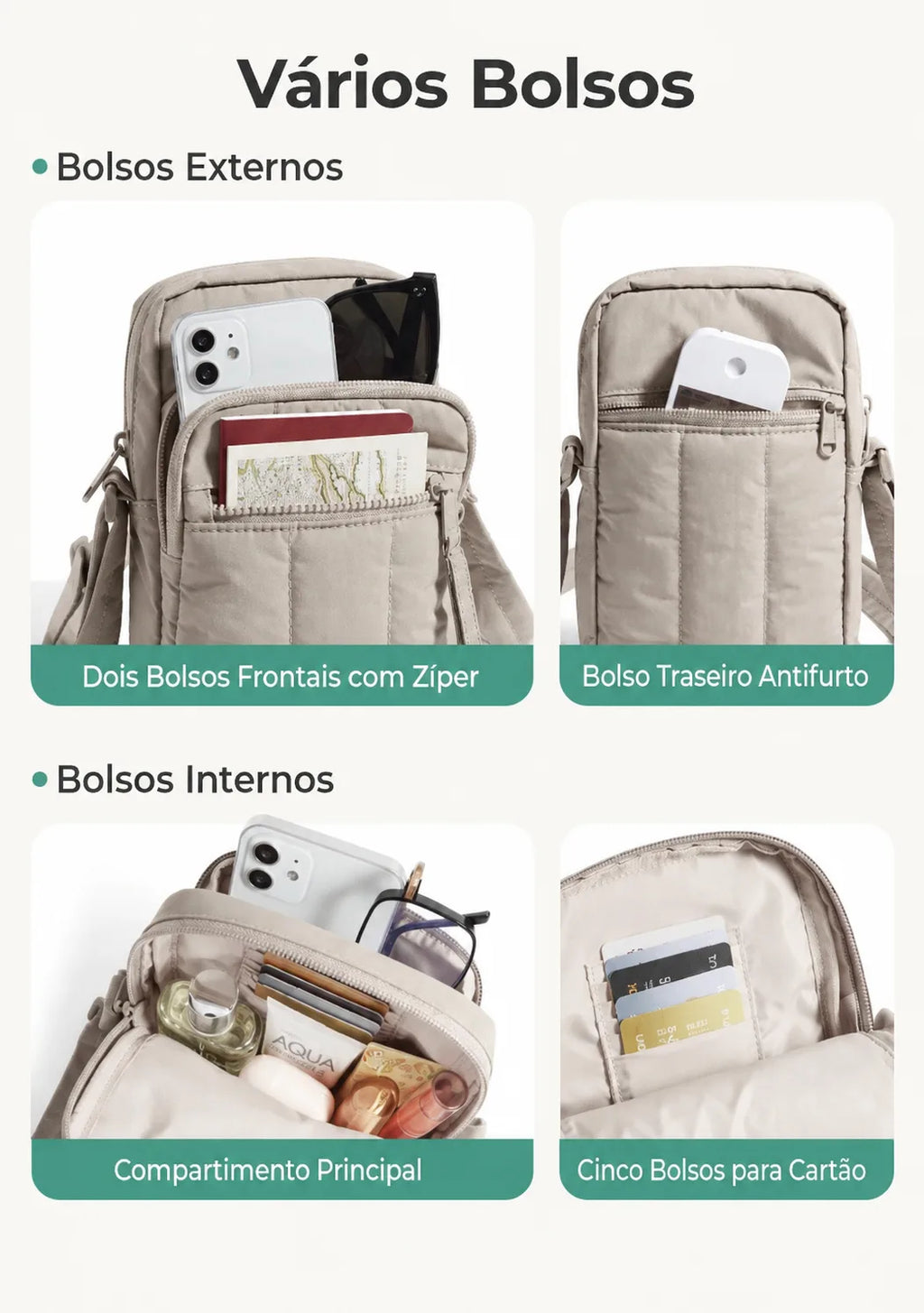 Vários bolsos - externos, internos, compartimento principal, cinco bolsos para cartão